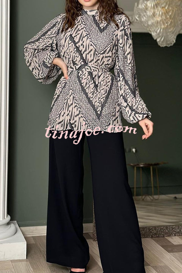 Unique Printed Puff Sleeve Pleated Loose Top and Casual Wide-leg Pants Set