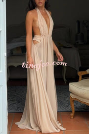 Ethereal Moment Tulle Cutout Ruched Waist Backless Halter Maxi Dress