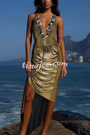 Solid Color Shiny Fabric Deep V Metal Embellished Stretch One-piece Swimsuit