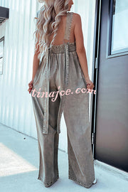 Solid Color Sexy V-neck Open Back Pleated Loose Denim Jumpsuit