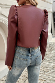 Yelissa Faux Leather Statement Long Sleeve Open Front Crop Jacket