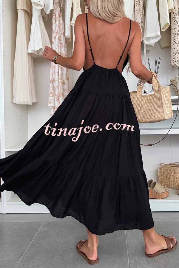Bohemian Style V-neck Backless Slip Layered Vacation Maxi Dress