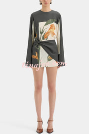 Constance Floral Print Twist Waist Long Sleeve Lightweight Mini Dress