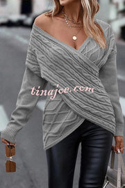 Solid Color V Neck Cross Jacquard Long Sleeved Sweater