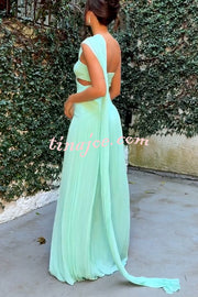 Forest Muse Chiffon Pleated Off Shoulder Cutout Waist Cape Maxi Dress