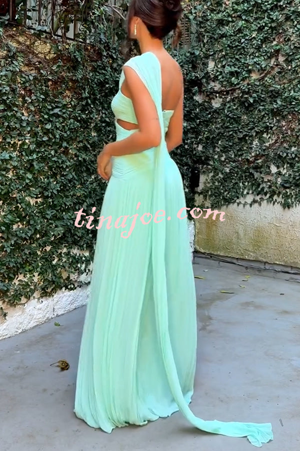 Forest Muse Chiffon Pleated Off Shoulder Cutout Waist Cape Maxi Dress