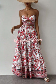 Floral Print Cutout Bandeau Top and Elastic Waist Full Maxi Skirt Set
