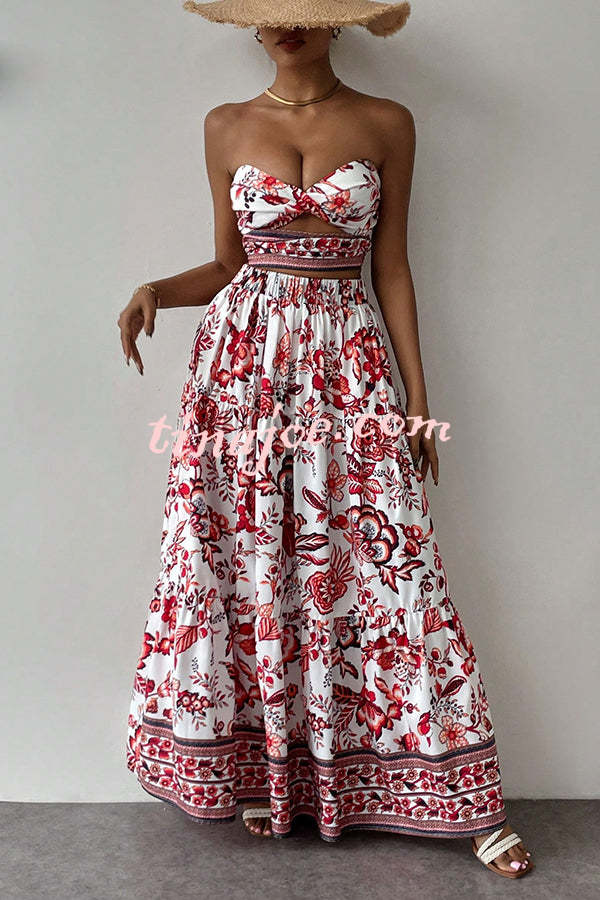 Floral Print Cutout Bandeau Top and Elastic Waist Full Maxi Skirt Set