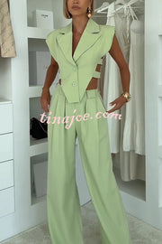 Fashion Style Lapel Waist-baring Irregular Vest and  Elastic Waist Pocket Loose Pants Set