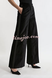 Cue The Cocktails Velvet Grosgrain Detail Pocketed Wide Leg Pants