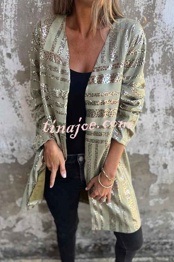 Fashionable Gold Foil Leopard Print Suede Long Sleeve Loose Pocket Midi Coat