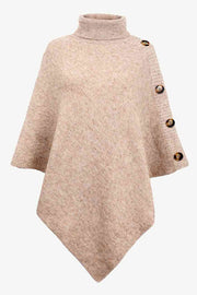 Solid Color Turtleneck Button-embellished Knitted Shawl Cape