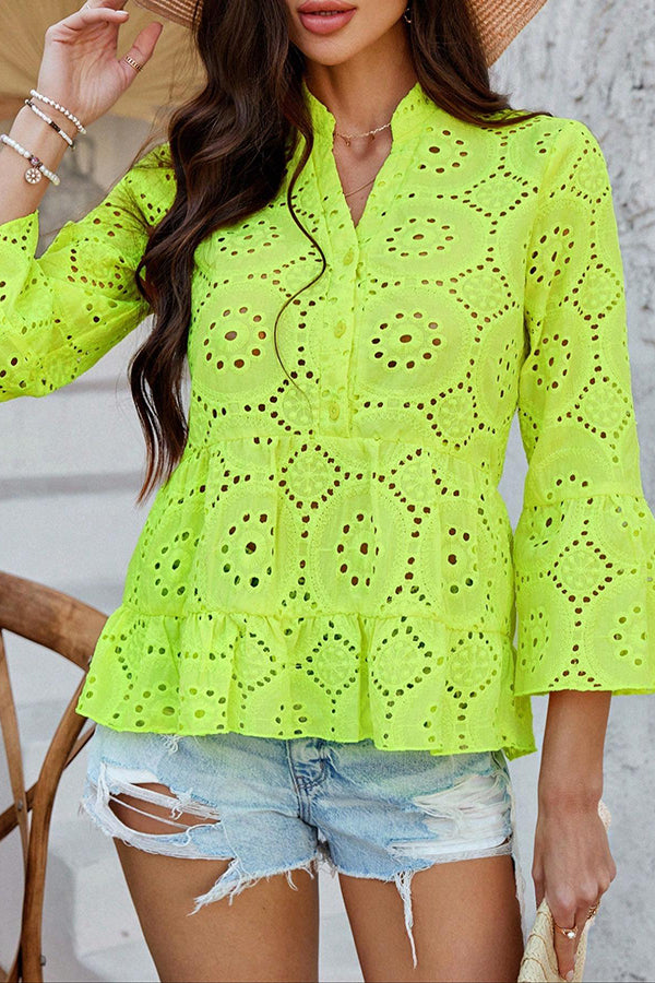 Solid Color Casual Resort Style Hollow V-neck Shirt