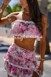 Dakota Floral Lace Trim Crop Tube Top and Layered Slit Maxi Skirt Set