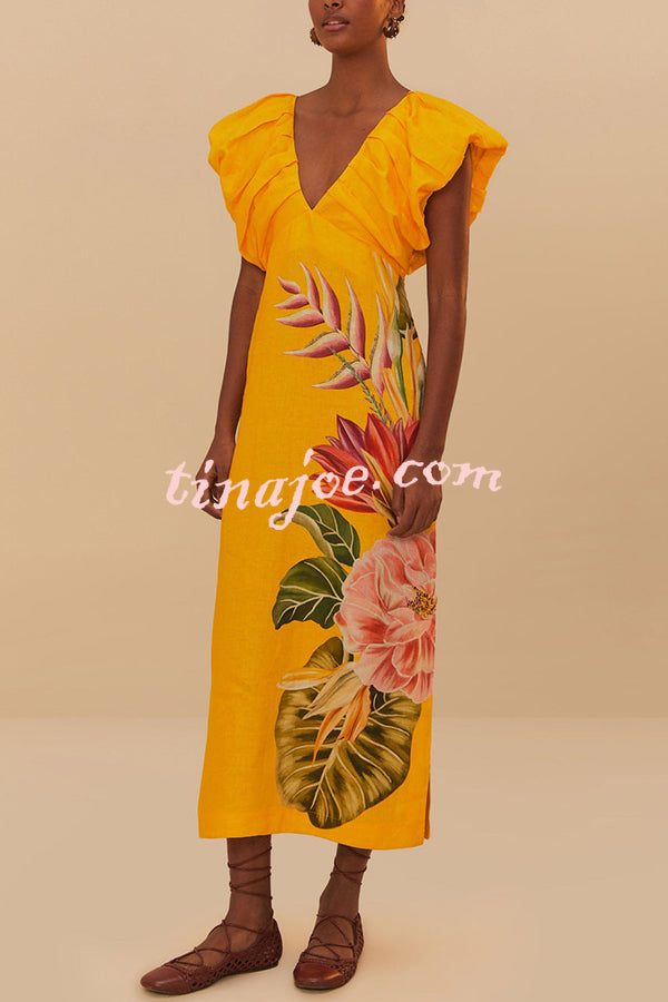 Plant Print V-neck Open Back Holiday Style Slit Midi Dress