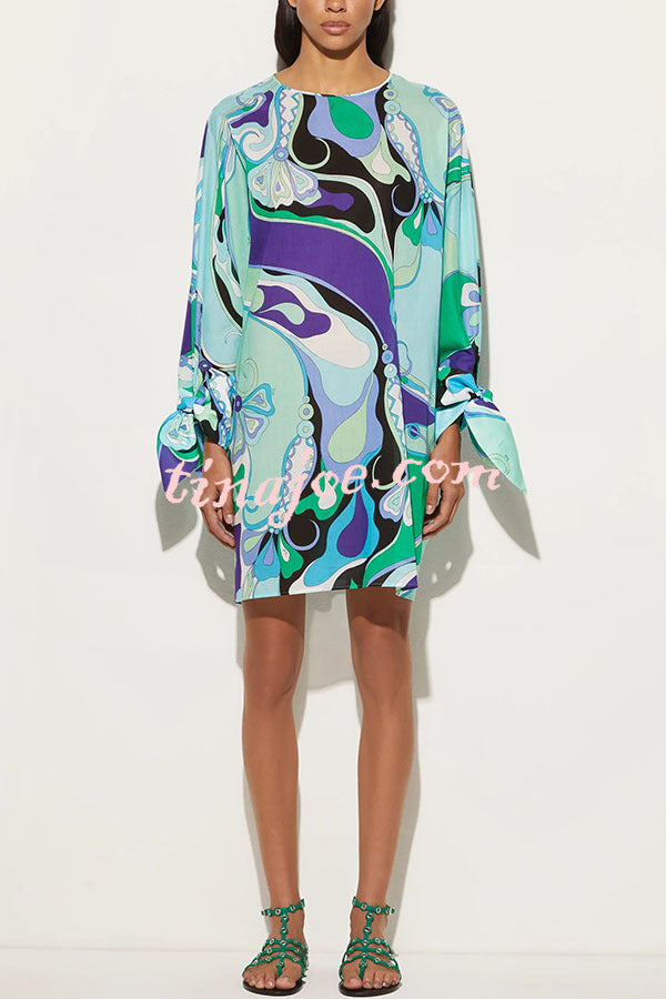 Micah Satin Unique Print Slit Tie-up Sleeve Shift Kaftan Mini Dress