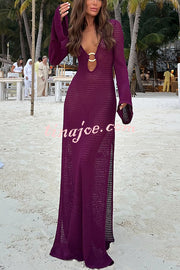 Seaside Goddess Crochet Knit Hollow Out Golden Ring Long Sleeve Cover-up Maxi Dress