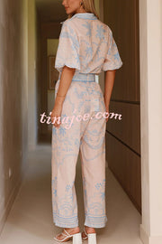 Linen Blend Lapel Puff Sleeve Loose Shirt and Casual Pocket Straight Pants Set