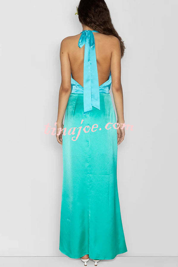 Like A Gem Satin Colorblock Halter Backless Party Maxi Dress