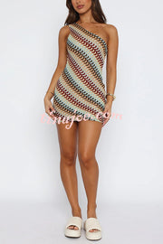 Playful Colorful Knitted Slim-fitting Offset Neck Stretch Mini Dress