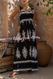 National Boho Style Unique Print Smocked Bust Wide Strap Pocket Maxi Dress