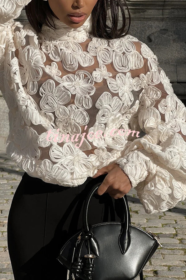 Fashionable Embroidered Flower Loose Puff Sleeve Hollow Top