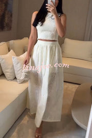Kaya Embroidery Hollow Lace Back Smocked Tank and Elastic Waist A-line Maxi Skirt Set