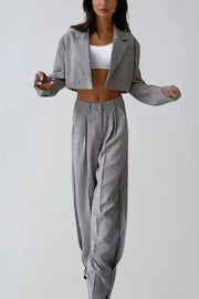 Solid Color Lapel Cropped Blazer and Pocket Straight-leg Pants Set