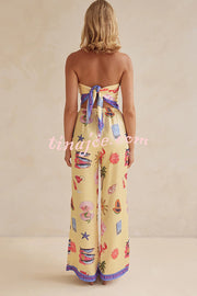 Linen Blend Unique Printed Bandeau Top and Elastic Waist Pocket Pants Set