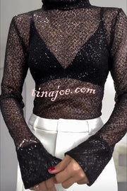 Shimmering Twilight Sequin Turtleneck Long Slit Sleeve H-line Blouse