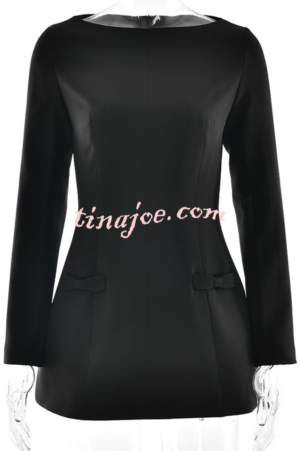 Budding Elegance Bow Detail Boat Neck Long Sleeve Mini Dress