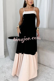 Fashionable Contrast Color Stitching Sling Maxi Dress