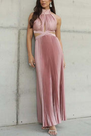 Stunning Choice Satin Pleated Halter High Neck Cutout Waist Backless Maxi Dress