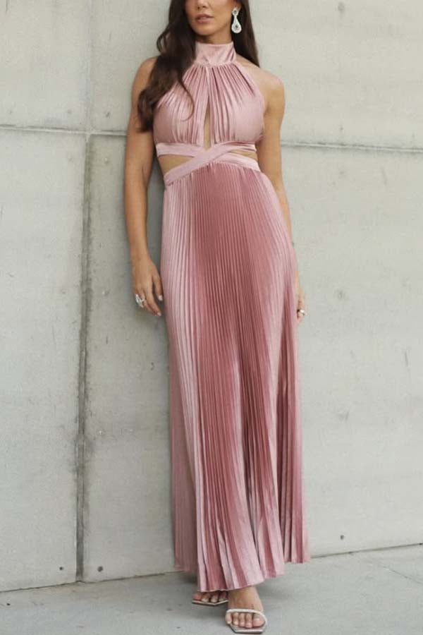 Stunning Choice Satin Pleated Halter High Neck Cutout Waist Backless Maxi Dress