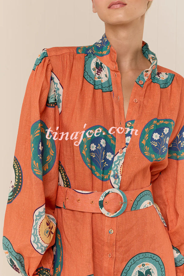 Linen Blend Unique Print Belted Single-breasted Casual Maxi Dress