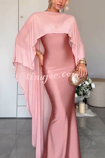 Party Charm Satin Sheer Chiffon High Low Cape Slip Maxi Dress