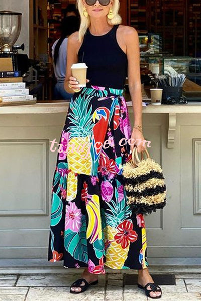 Tropical Flowers and Birds Print Loose Holiday Maxi Skirt