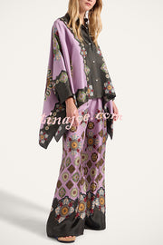 Satin Unique Print Loose Batwing Sleeve Top and Elastic Waist Pocket Casual Wide-leg Pants Set