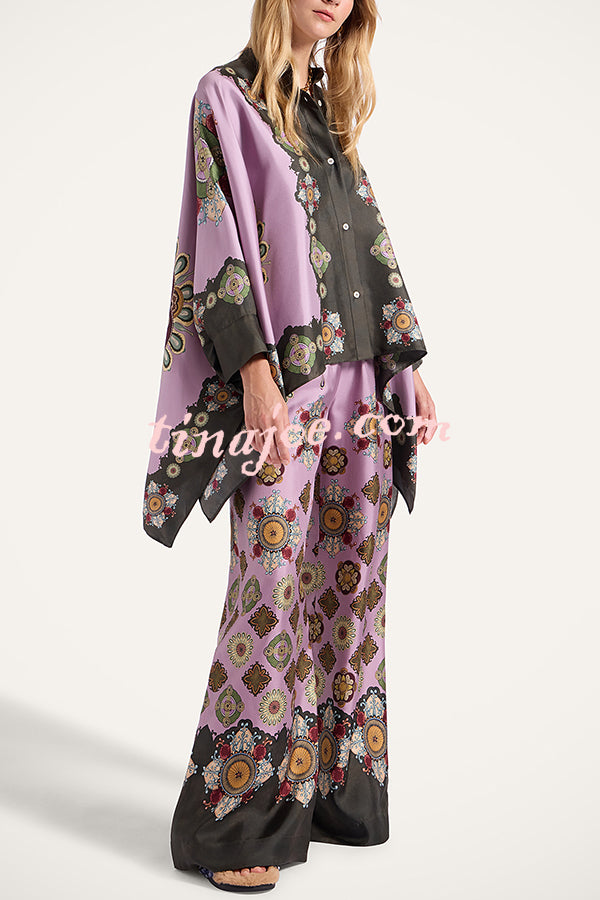 Satin Unique Print Loose Batwing Sleeve Top and Elastic Waist Pocket Casual Wide-leg Pants Set