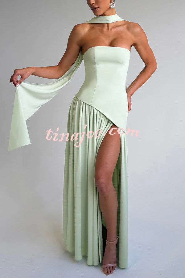 Elegant Off Shopulder Chiffon Pleated Hem Scarf Slit Maxi Dress