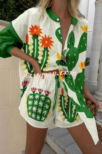 Beautiful Contrasting Cactus Print Button Pocket Lace Up Shorts Set