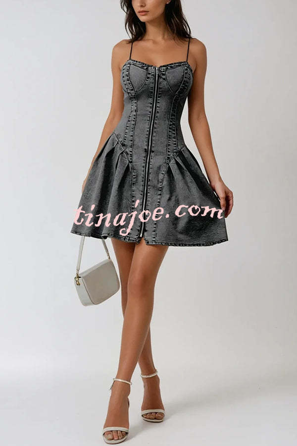 Fashionable Patchwork Suspender Zipper Slim Denim Mini Dress