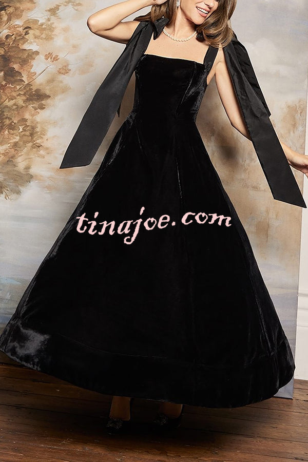 Romantic Type Velvet Bandeau Taffeta Bow Strap Pocketed Prom Maxi Dress