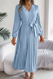 Solid Color Elegant V-neck Buttoned Lace-up Pleated Maxi Dress