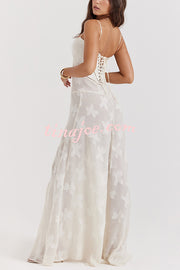 Romantic Vintage Feel Jacquard Fabric Back Lace-up Slip Floaty Maxi Dress