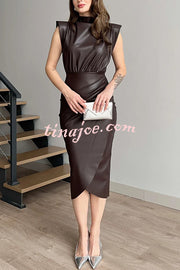 Elouise Faux Leather Turtleneck Shoulder Pads Ruched Slit Midi Dress