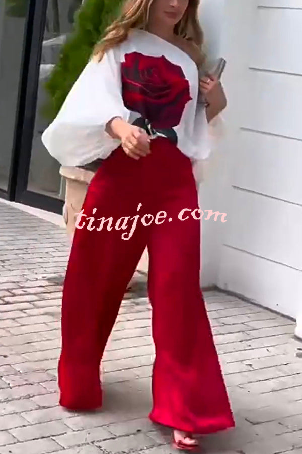 Elegant Rose Print Long Sleeve Belted Wide Leg Pants Suit