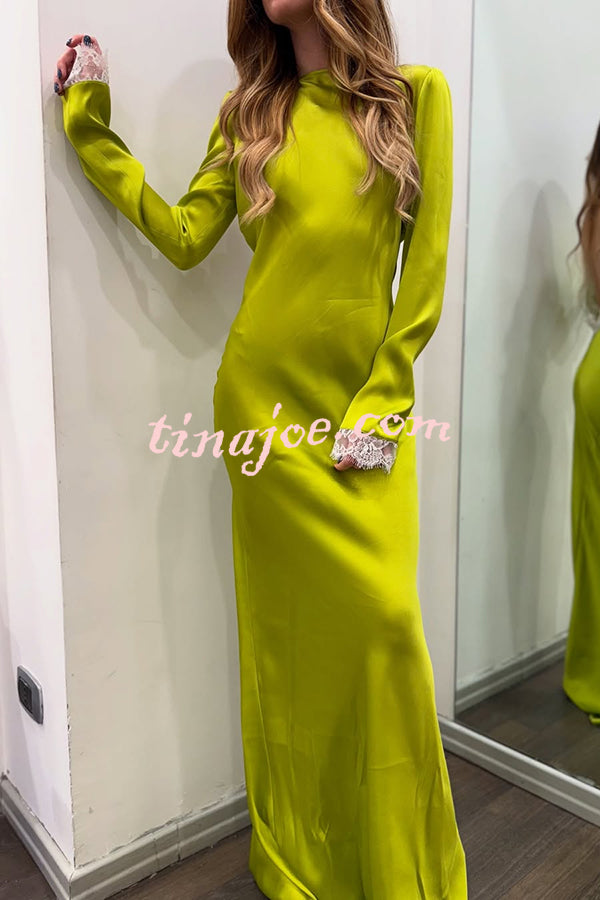 Mystic Moment Satin Lace Trim Long Sleeve Backless Maxi Dress