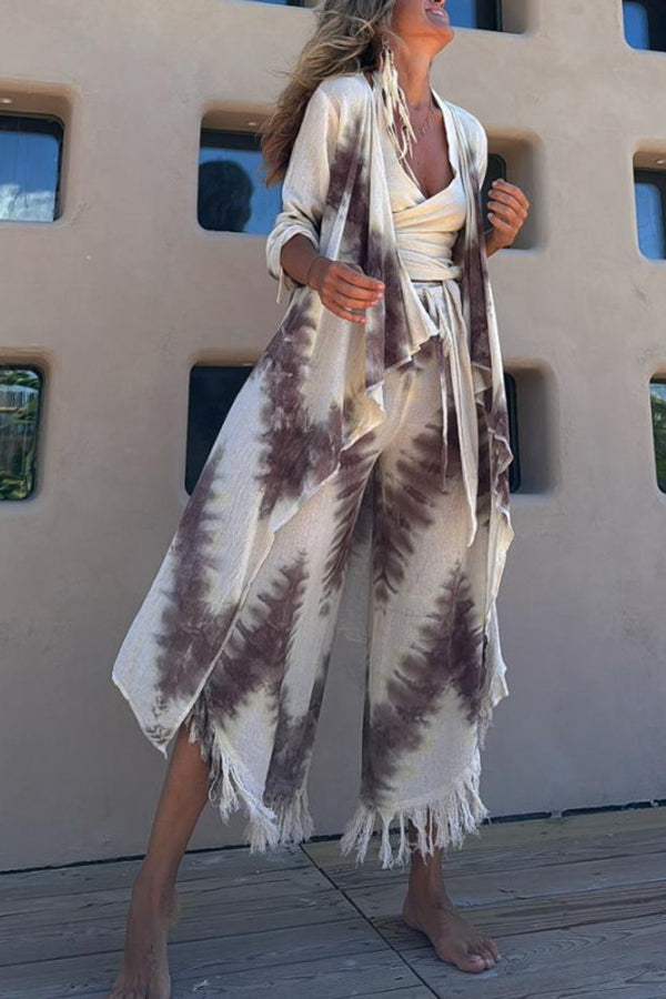 Kailani Linen Blend Tie-dye Print Irregular Hem Duster Kimono