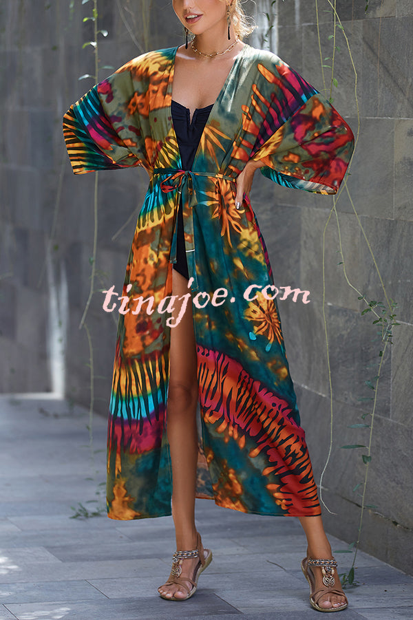 Unique Print Loose Lace Up Holiday Maxi Cover Up